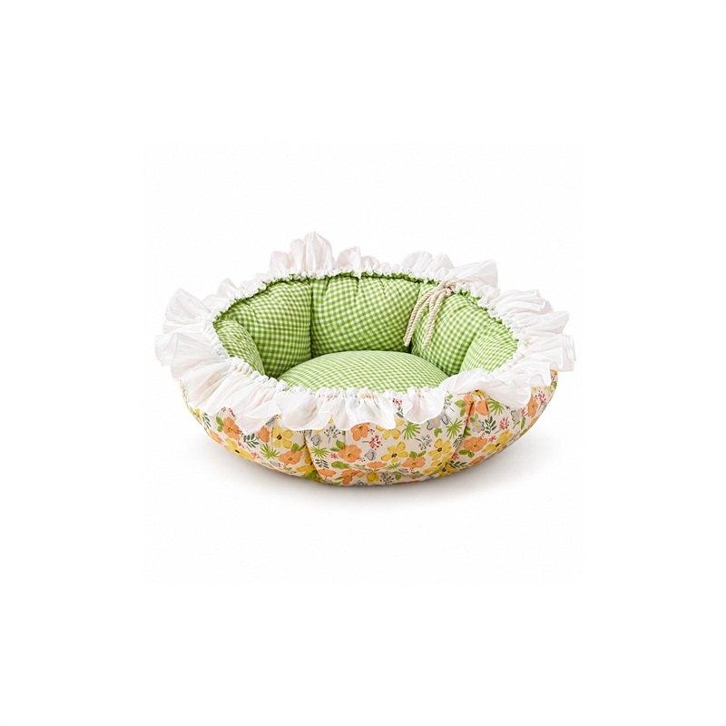 Round Floral Cat Bed with Ruffled Trim