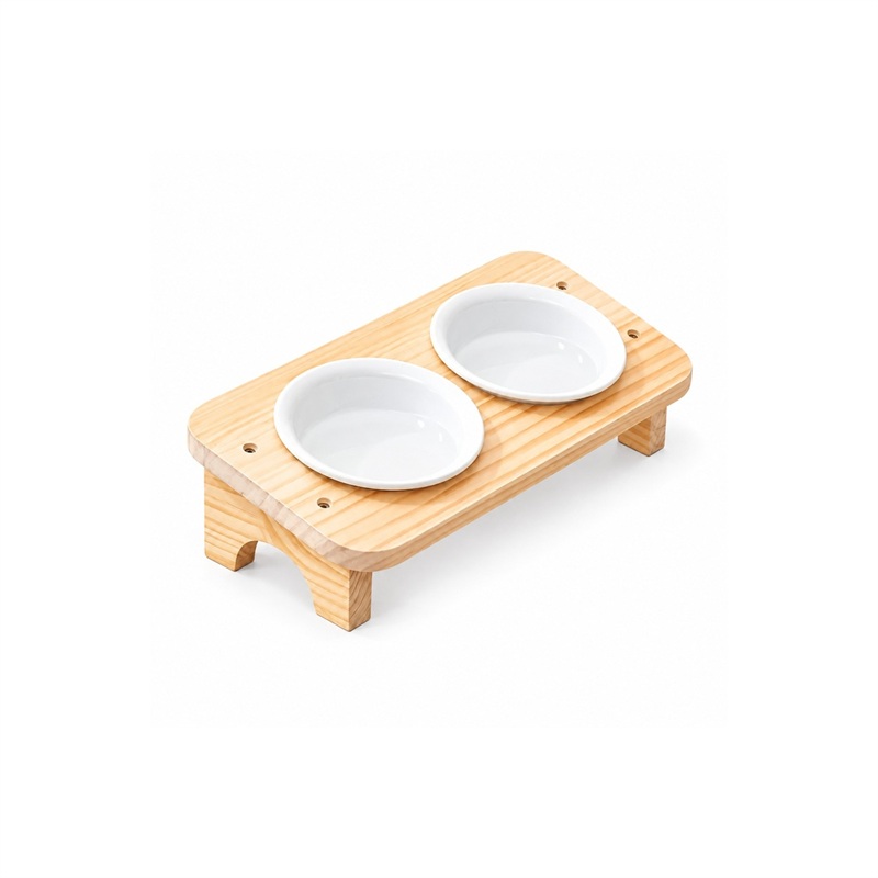 Pine Wood Double-Bowl Pet Feeder